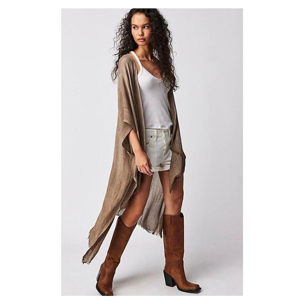 Free People Day Dream Long Kimono Brown Open Knit Duster Cardigan Boho OS - Picture 2 of 10